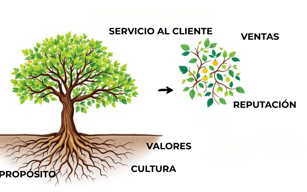 Arbol que representa las raíces de una empresa y cómo el fruto es crecimiento cuando se trabaja internamente la marca